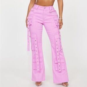 Fashion Nova Pink Cargo Flare Pants Y2K Utility Low Rise
